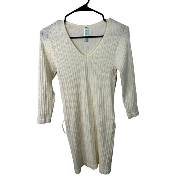 J J Authentic Women’s M/L V-Neck‎ Knit Sweater Dress Cream Ribbed Long Sleeve - Picture 1 of 7